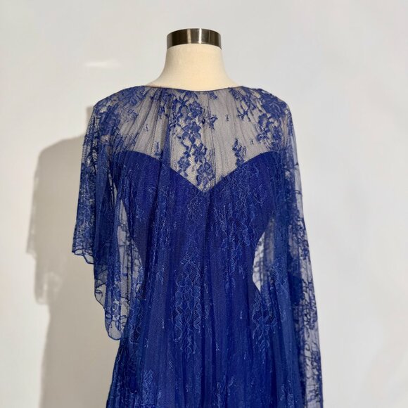 Brand New US 8 Gemy Maalouf Chantilly Lace Maxi Gown with Cape in Royal Blue - Picture 2 of 7
